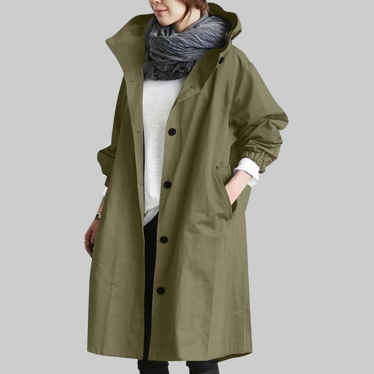Women's Relaxed Fit Hooded Longline Trench Coat with Button Front and Pockets