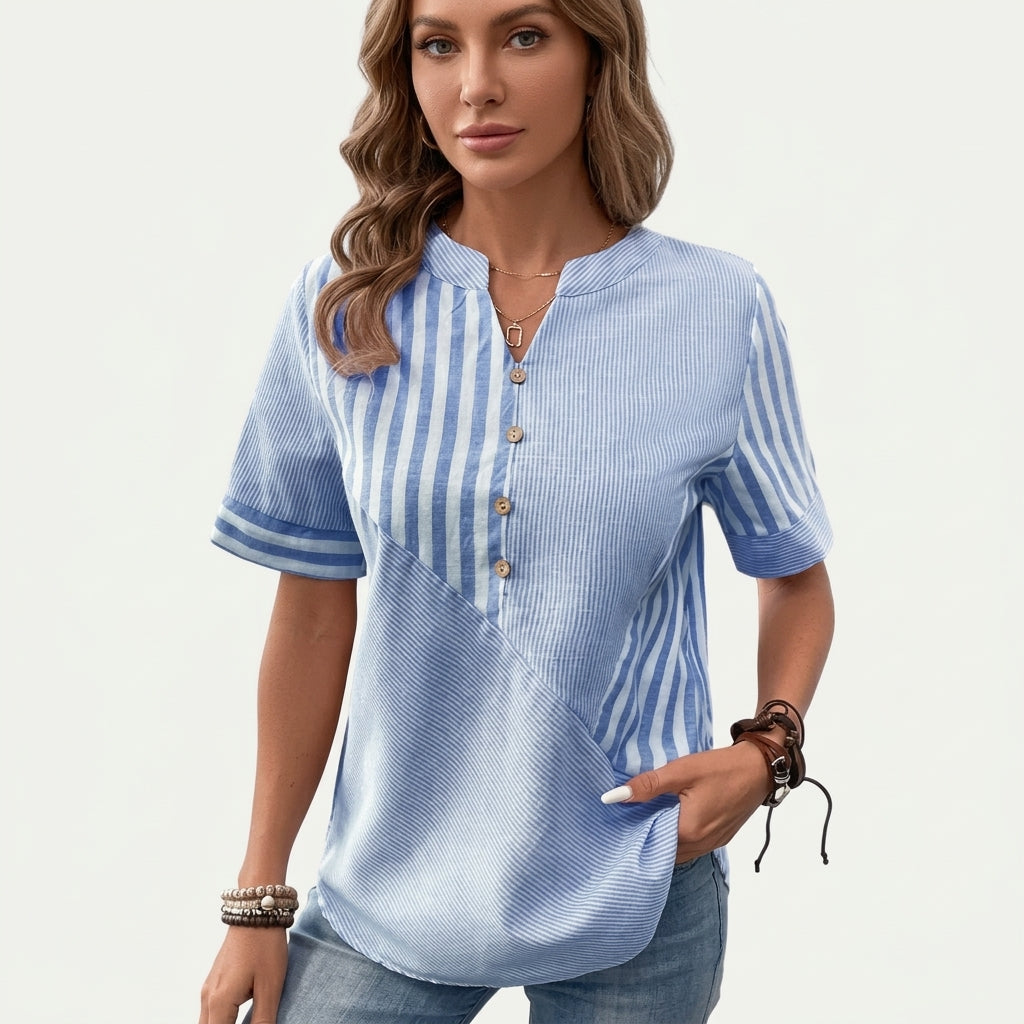 Eleanor Pemberton | Striped Notched-Neck Blouse With Button Detail