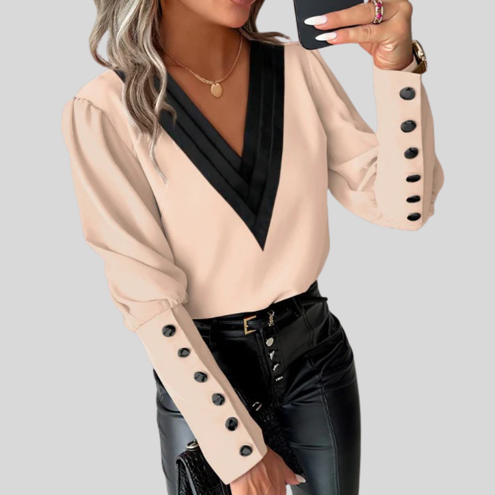 Arabella Fairholme | Colour-Block V-Neck Blouse with Gigot Sleeves