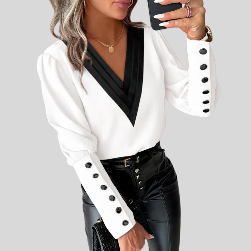 Arabella Fairholme | Colour-Block V-Neck Blouse with Gigot Sleeves