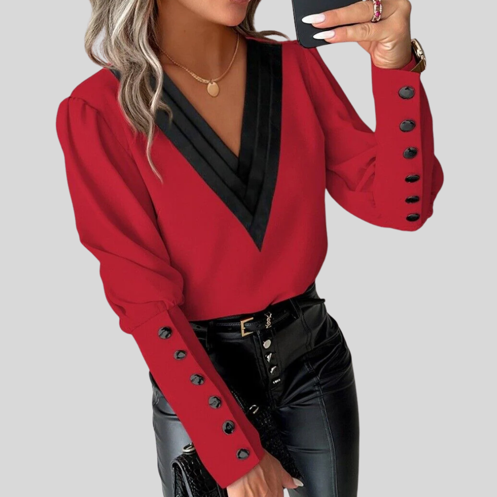Arabella Fairholme | Colour-Block V-Neck Blouse with Gigot Sleeves