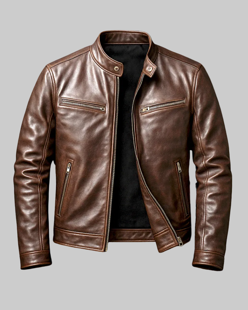 Vintage Faux Leather Biker Jacket with Stand Collar and Zip Pockets