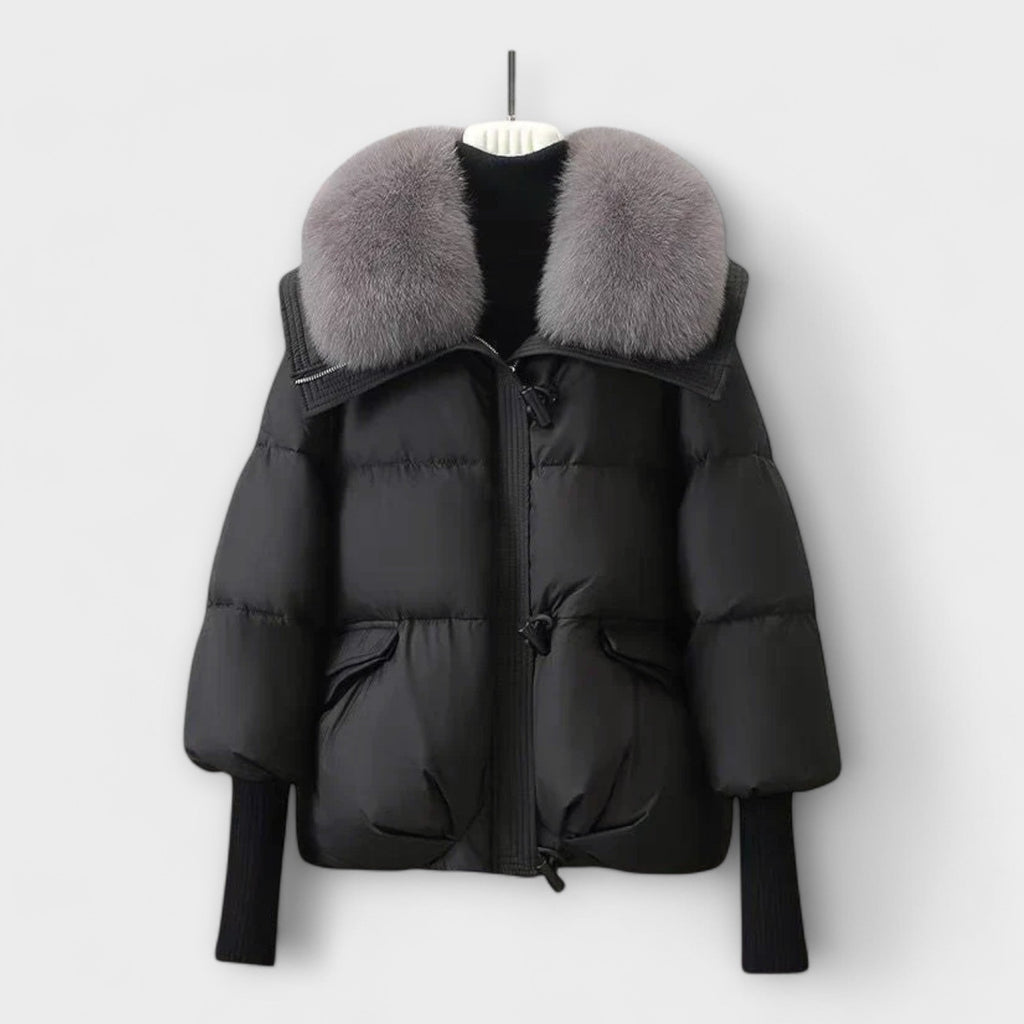 Women's Padded Faux Fur Collar Winter Jacket - Black