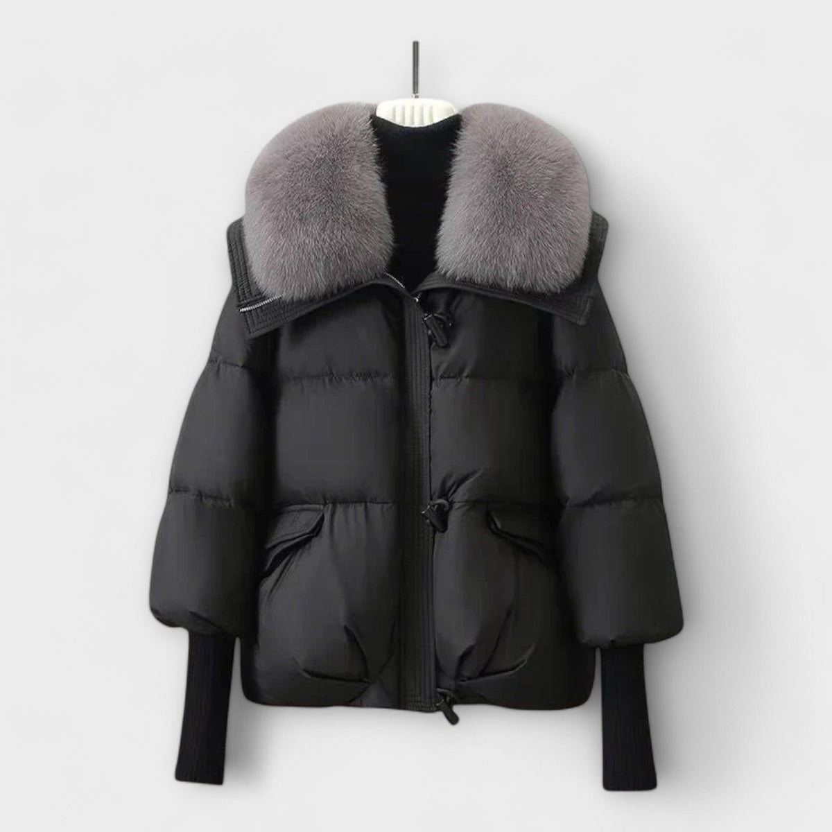 Women's Padded Faux Fur Collar Winter Jacket - Black