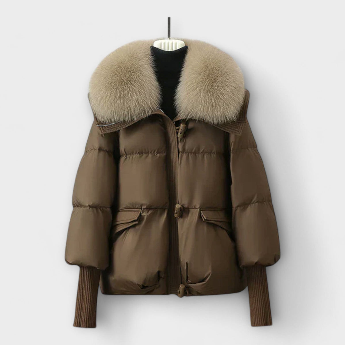 Women's Padded Faux Fur Collar Winter Jacket - Brown