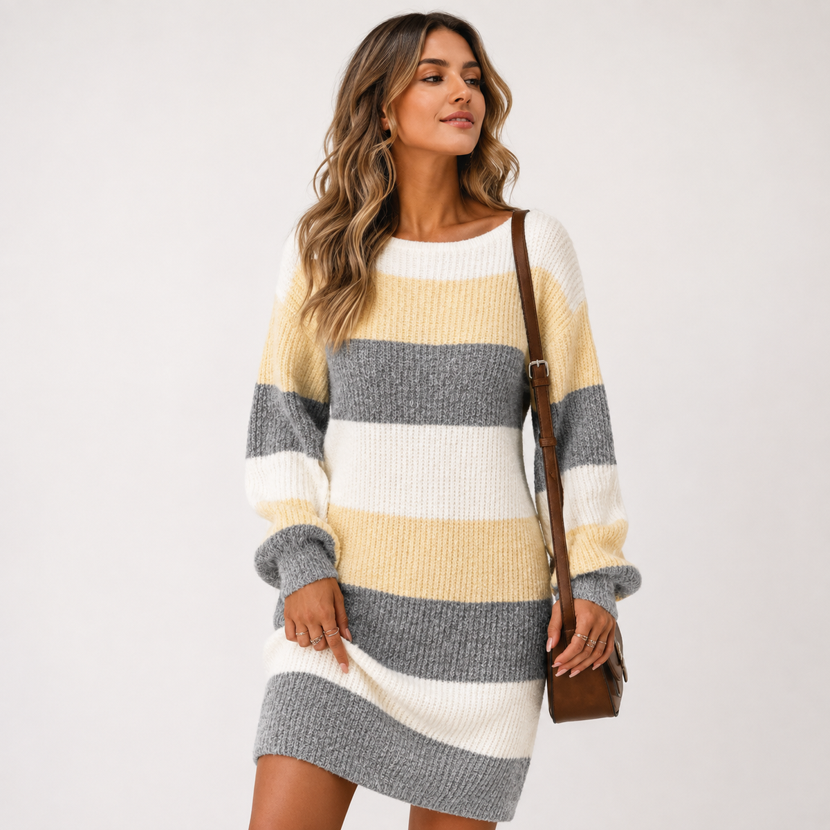 Verity Baker | Grey Striped Colorblock Knit Sweater Dress