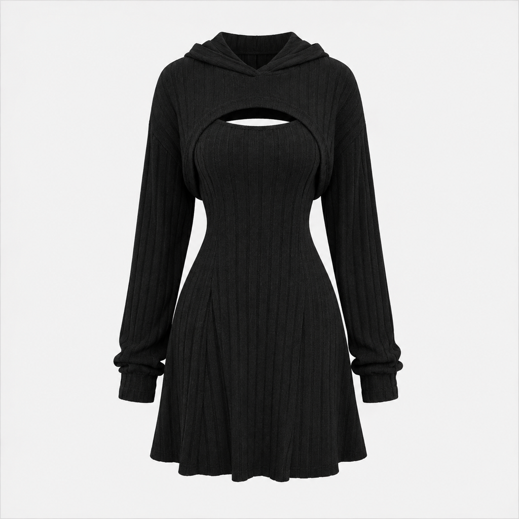 Verity Jones | Ribbed Knit Hooded Mini Dress with Layered Vest