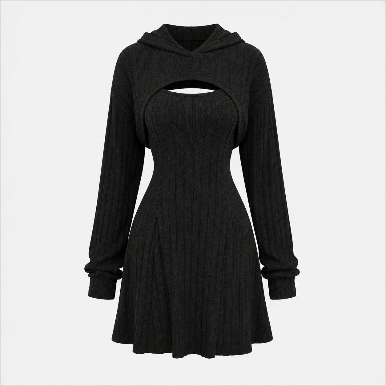 Verity Jones | Ribbed Knit Hooded Mini Dress with Layered Vest