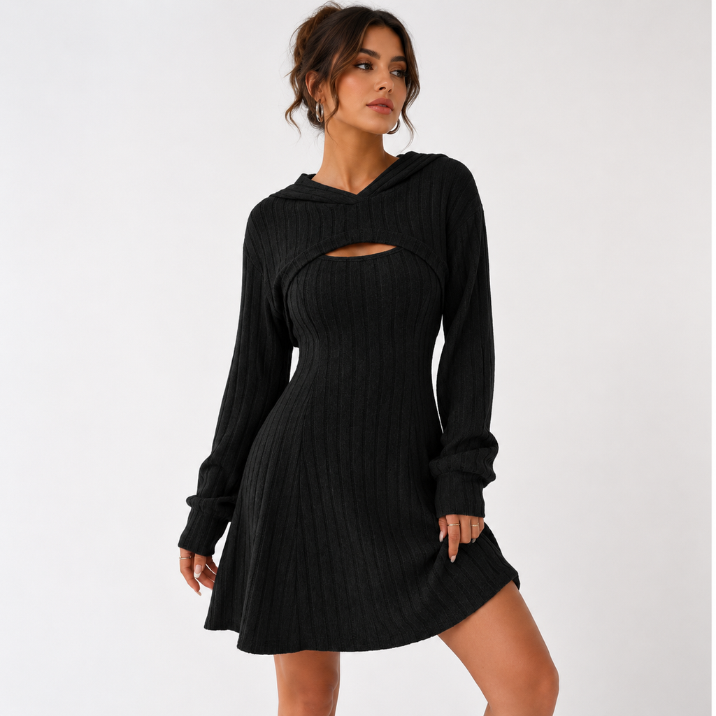 Verity Jones | Ribbed Knit Hooded Mini Dress with Layered Vest