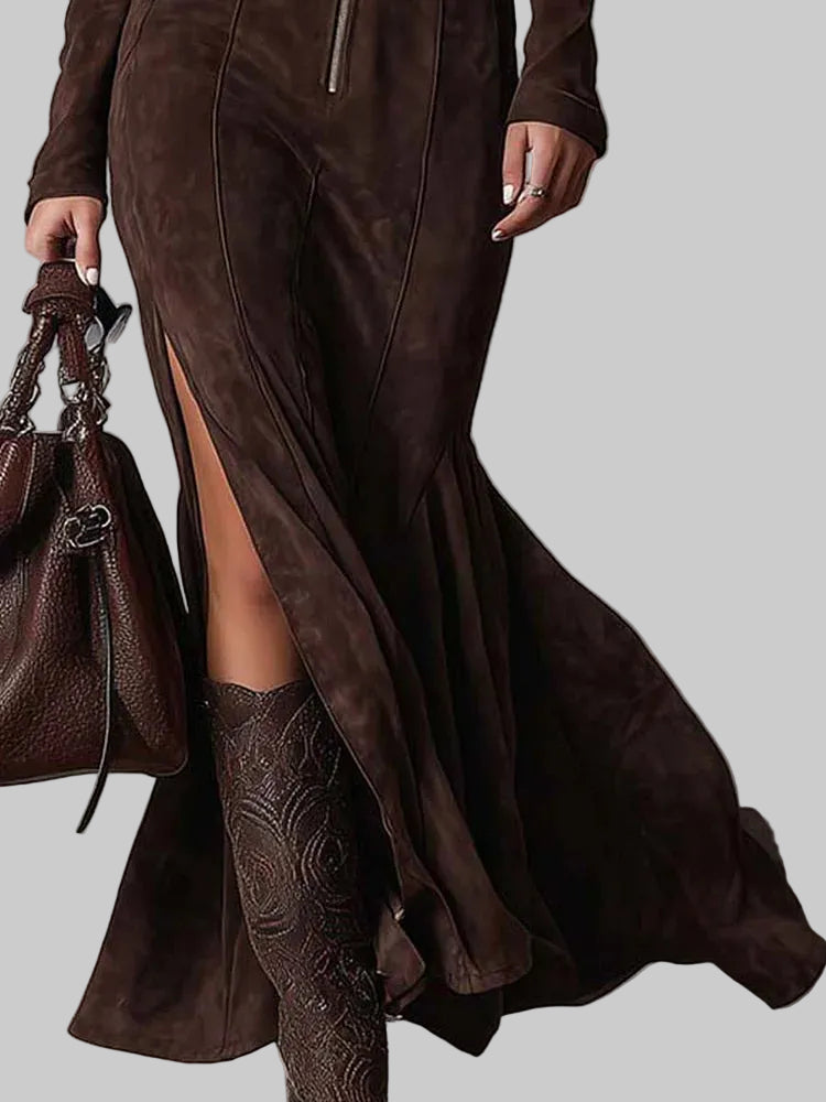 Faux Suede Belted Maxi Dress with Front Zip