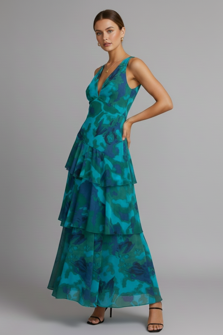 Clara Whitfield | Floral Tiered Maxi Dress With V-Neck