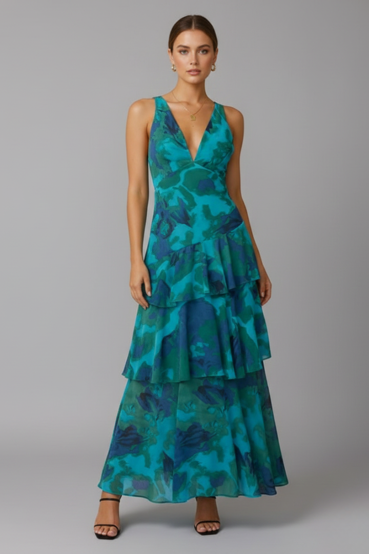 Clara Whitfield | Floral Tiered Maxi Dress With V-Neck