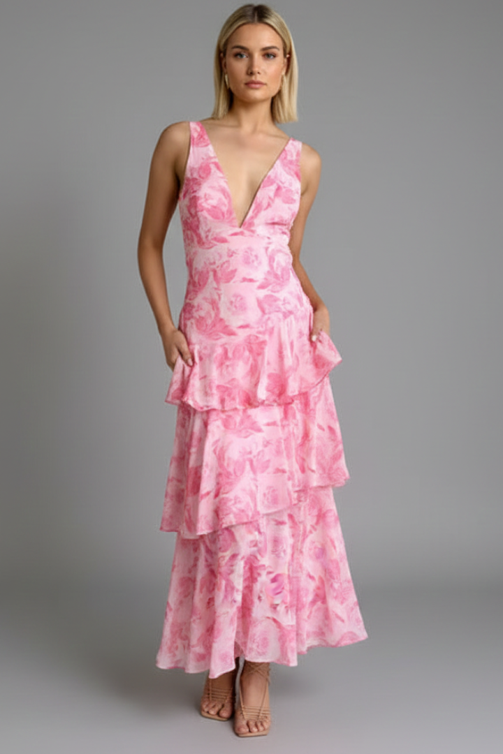 Clara Whitfield | Floral Tiered Maxi Dress With V-Neck