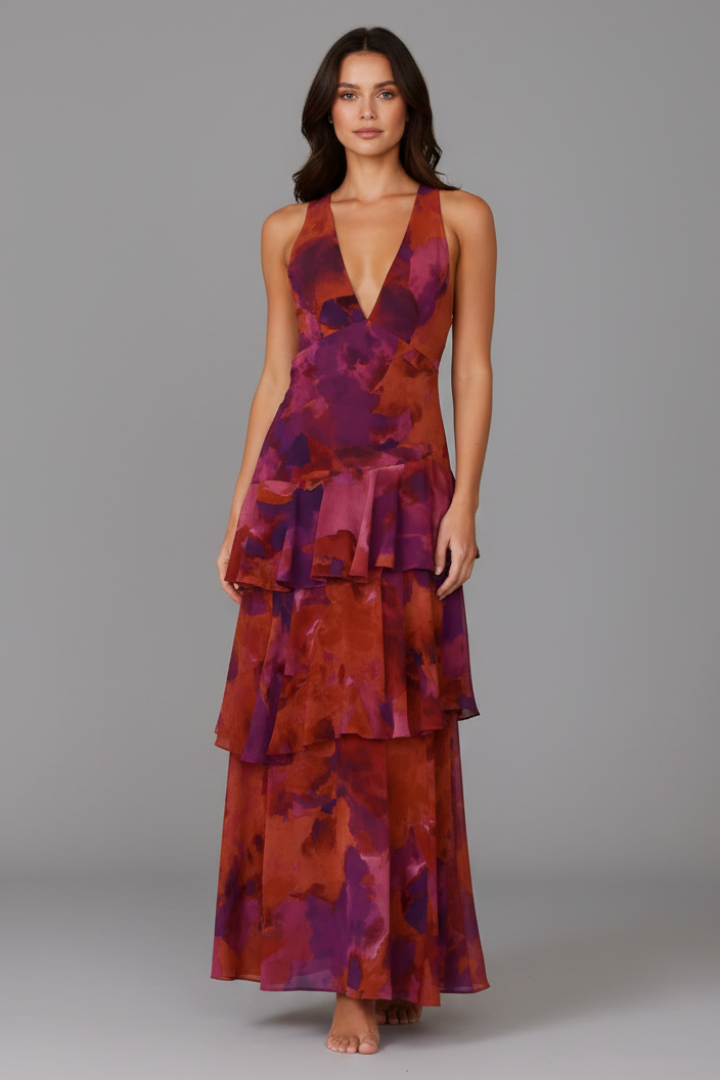 Clara Whitfield | Floral Tiered Maxi Dress With V-Neck