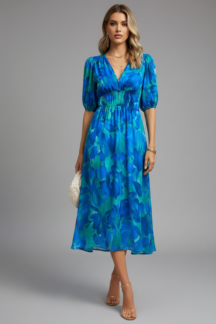 Juliet Fairweather | Floral Puff Sleeve V-Neck Midi Dress