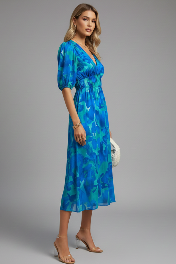Juliet Fairweather | Floral Puff Sleeve V-Neck Midi Dress