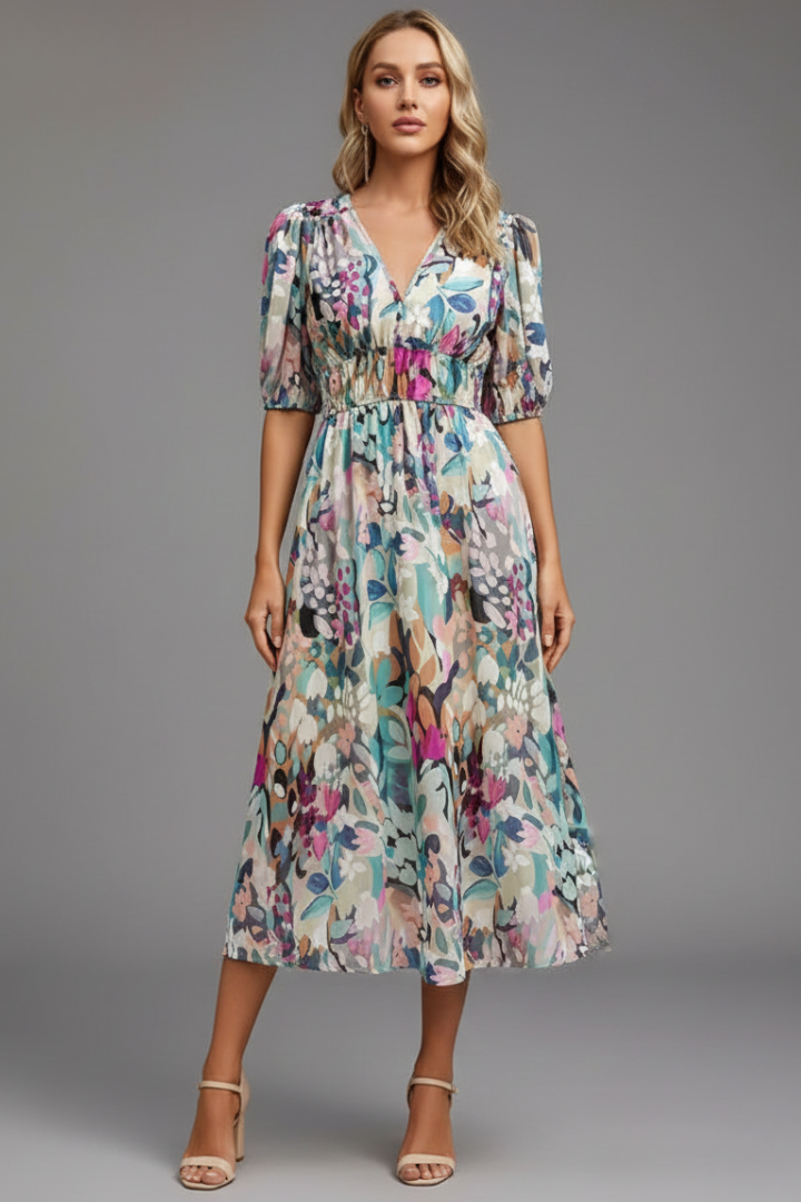 Juliet Fairweather | Floral Puff Sleeve V-Neck Midi Dress