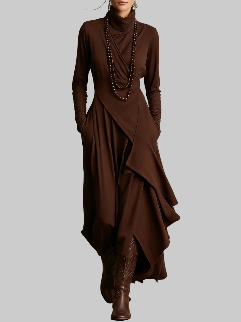 Draped Polo Neck Maxi Dress