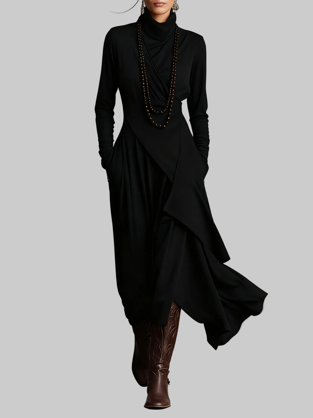 Draped Polo Neck Maxi Dress