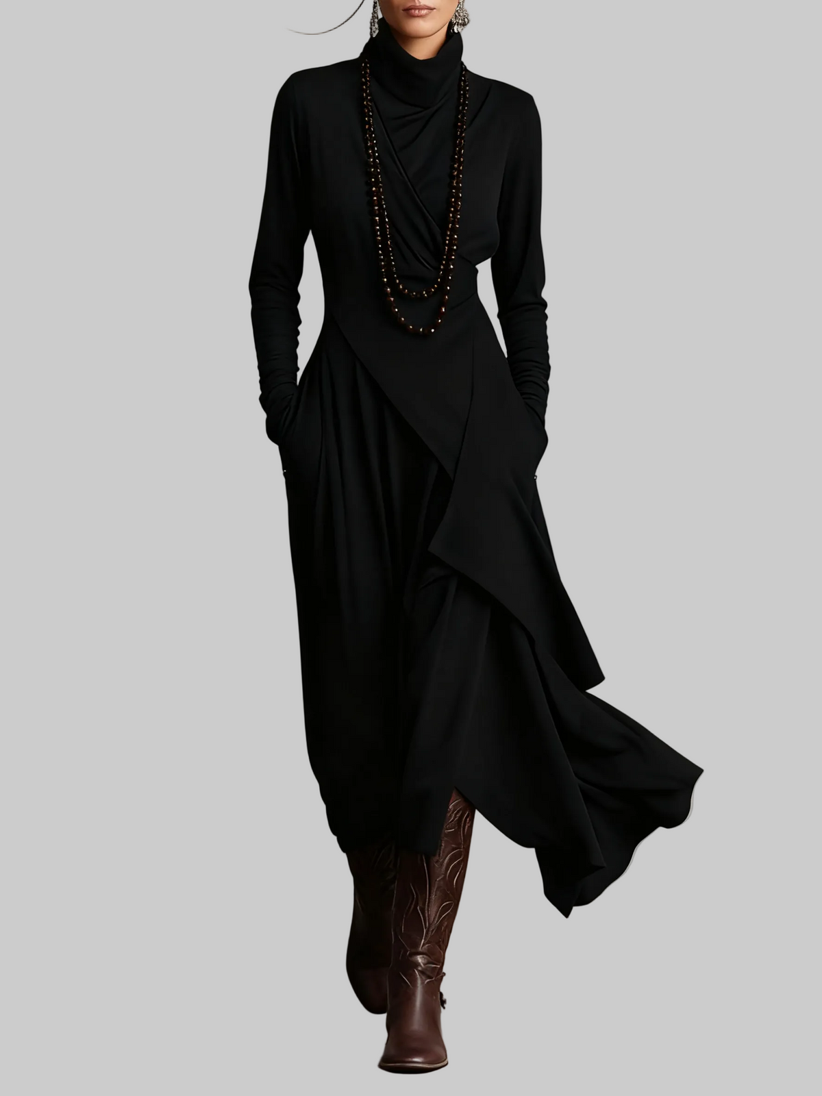 Draped Polo Neck Maxi Dress