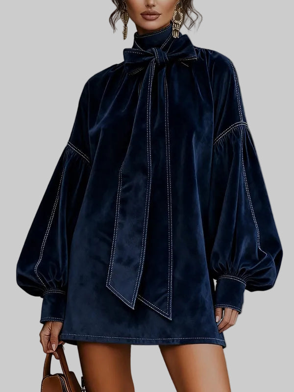 Women's Velvet-Effect Bow-Neck Mini Dress with Long Sleeves