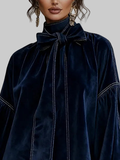 Women's Velvet-Effect Bow-Neck Mini Dress with Long Sleeves