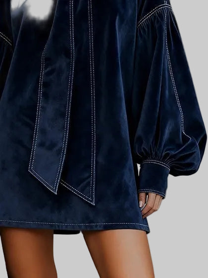 Women's Velvet-Effect Bow-Neck Mini Dress with Long Sleeves