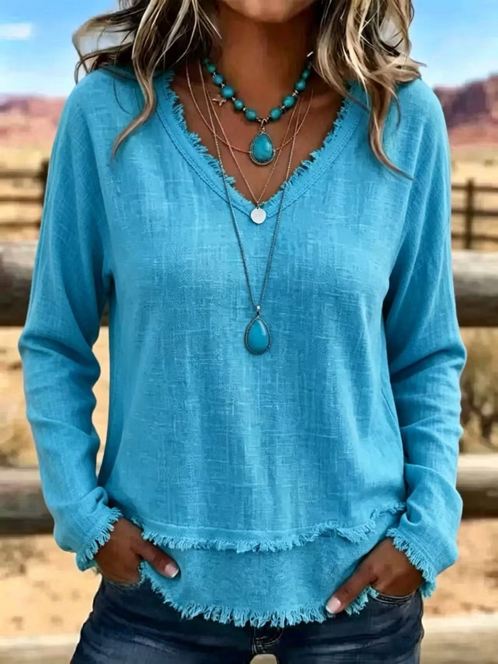 Margot Ainsley | Frayed V-Neck Long Sleeve Top