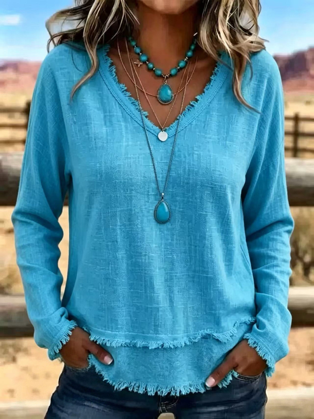 Margot Ainsley | Frayed V-Neck Long Sleeve Top