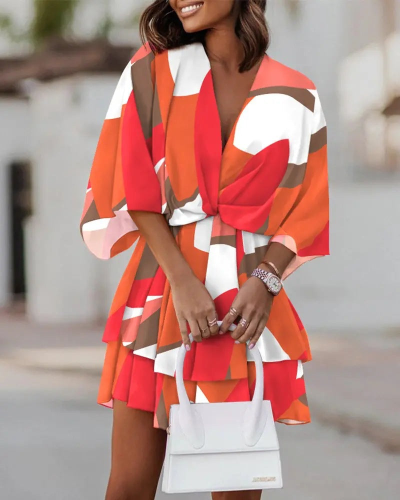 Marianne Oakley | Batwing Sleeve Printed Midi Dress With Twist Front