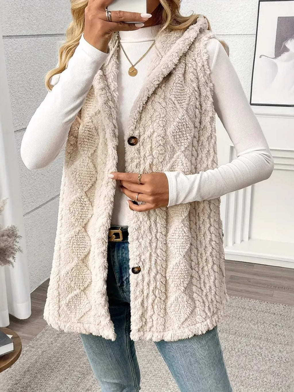 Beatrice Turner | Hooded Faux Fur Cable Knit Vest Cardigan