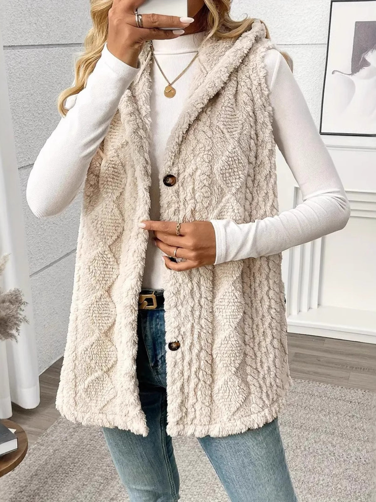 Beatrice Turner | Hooded Faux Fur Cable Knit Vest Cardigan