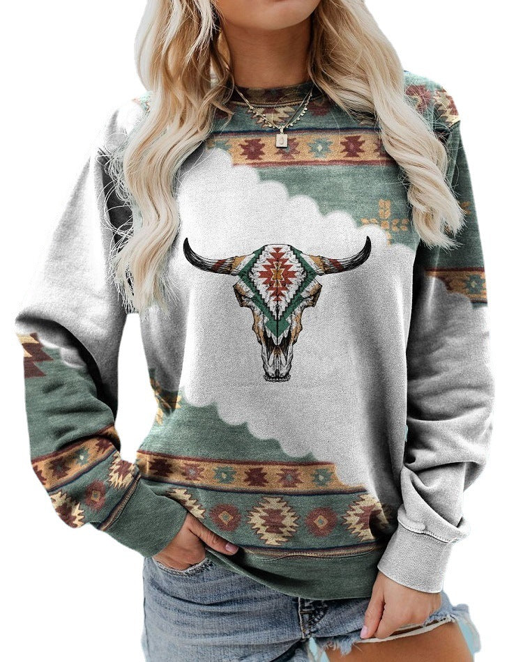 Emmeline Barclay | Aztec Bull Skull Print Crew Neck Sweatshirt