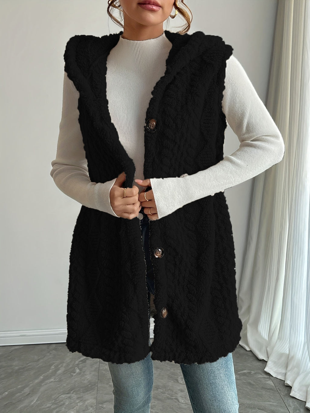 Beatrice Turner | Hooded Faux Fur Cable Knit Vest Cardigan