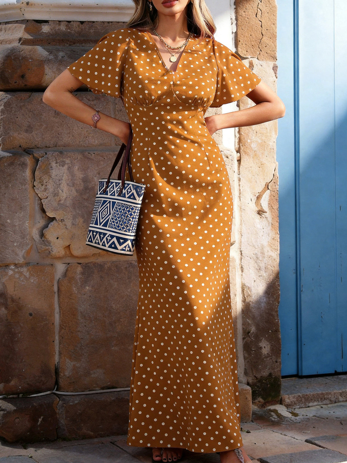 Adeline Marsh | Polka Dot V-Neck Maxi Dress