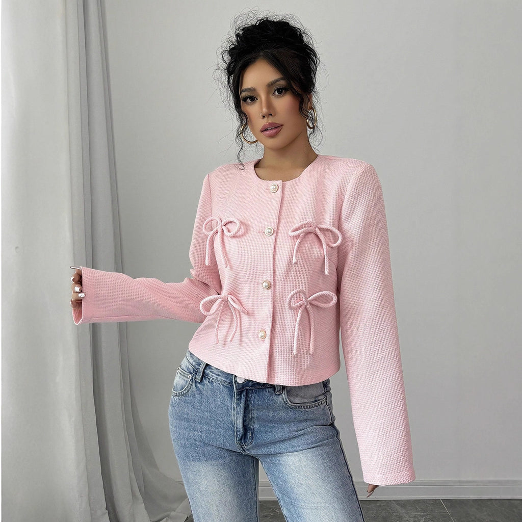 Eleanor Baker | Pink Tweed Bow Cropped Cardigan Jacket