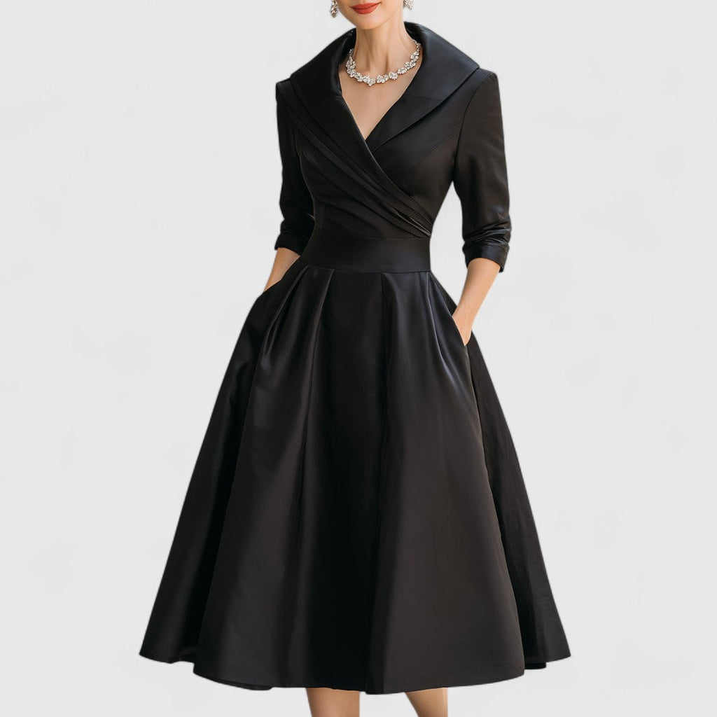 V-Neck Midi Dress with Flared Skirt & Pockets