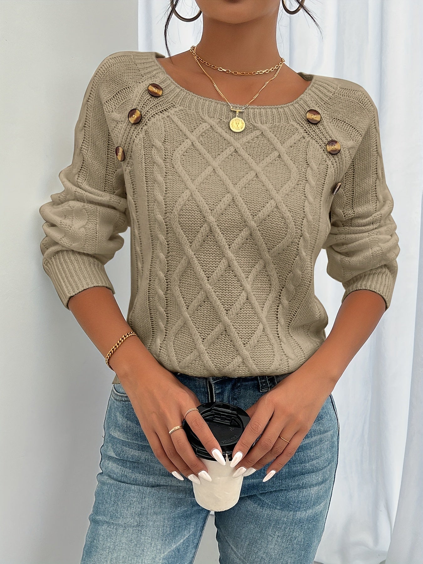 Felicity Hargreave | Textured Cable Knit Button Sweater