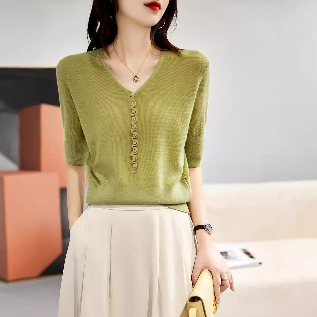 Alice Bennett | Green V-Neck Knit Top with Button Detail