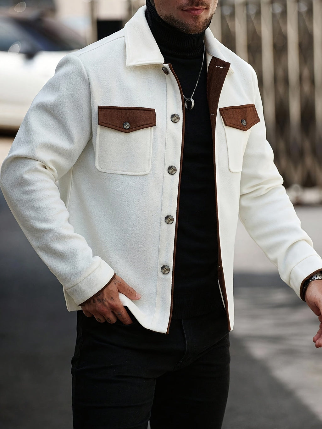Miles Taylor | Cream Wool-Blend Mens Jacket With Suede Trim