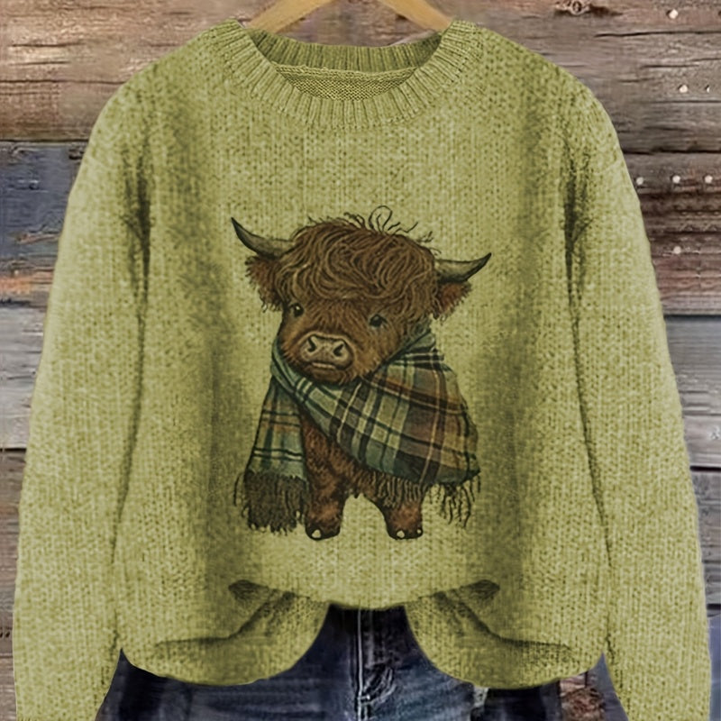 Phoebe Sinclair | Highland Cow Print Chunky Knit Sweater