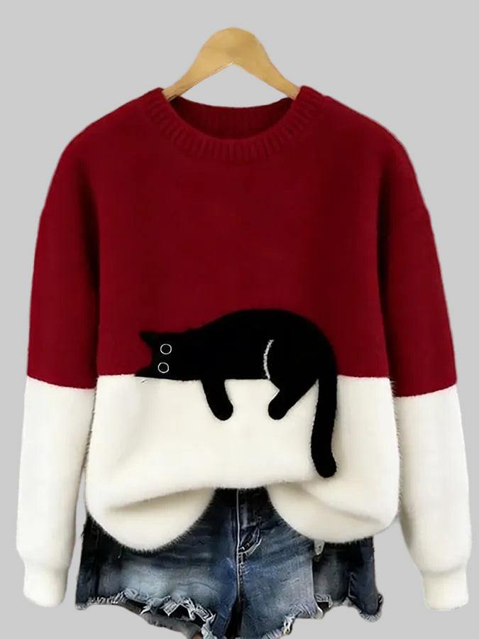 Women's Oversized Cat Print Crew Neck Jumper