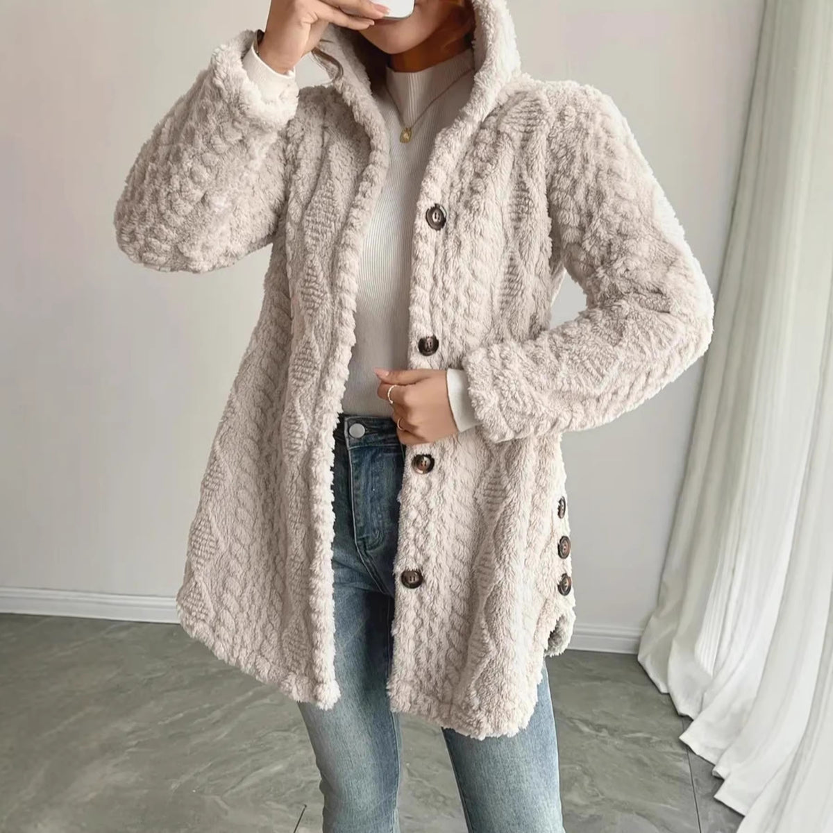 Tabitha Wilson | Hooded Textured Faux Fur Longline Cardigan