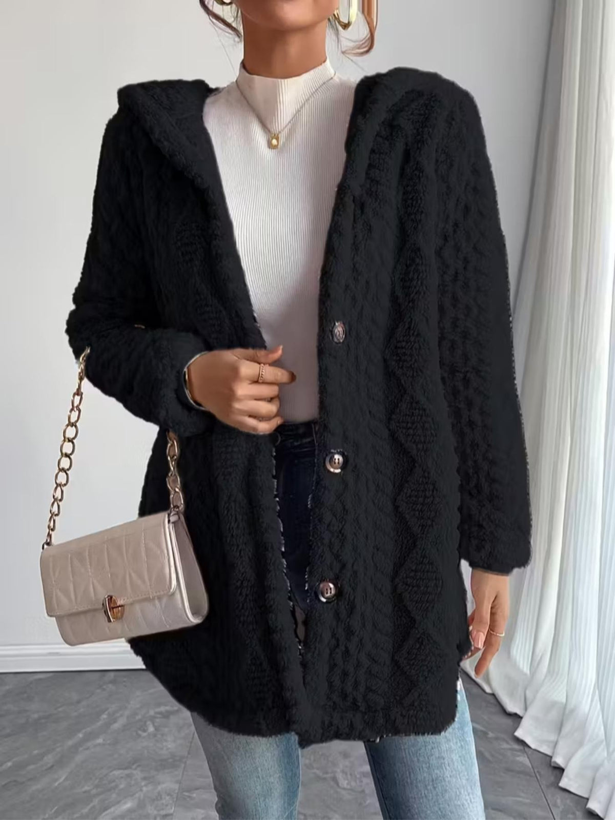Tabitha Wilson | Hooded Textured Faux Fur Longline Cardigan