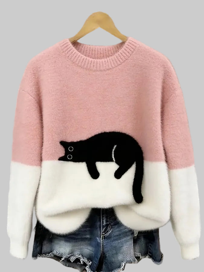 Women's Oversized Cat Print Crew Neck Jumper