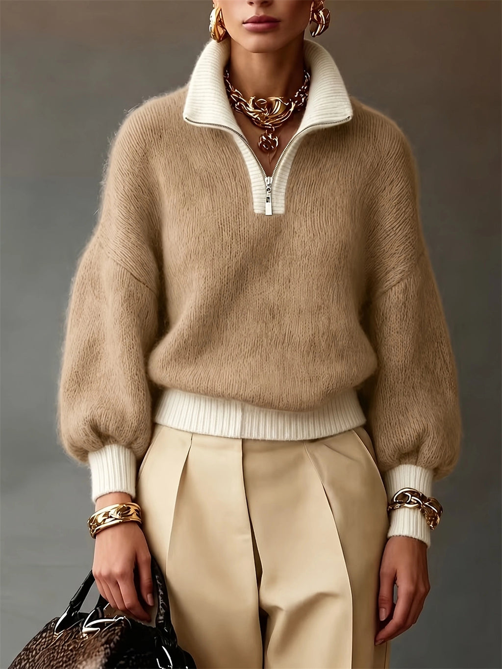 Sophie Davies | Lilac Quarter-Zip Balloon Sleeve Sweater