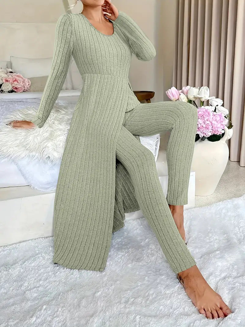 Lavinia Hartwell | Ribbed Knit Split Long Sleeve Two-Piece Set