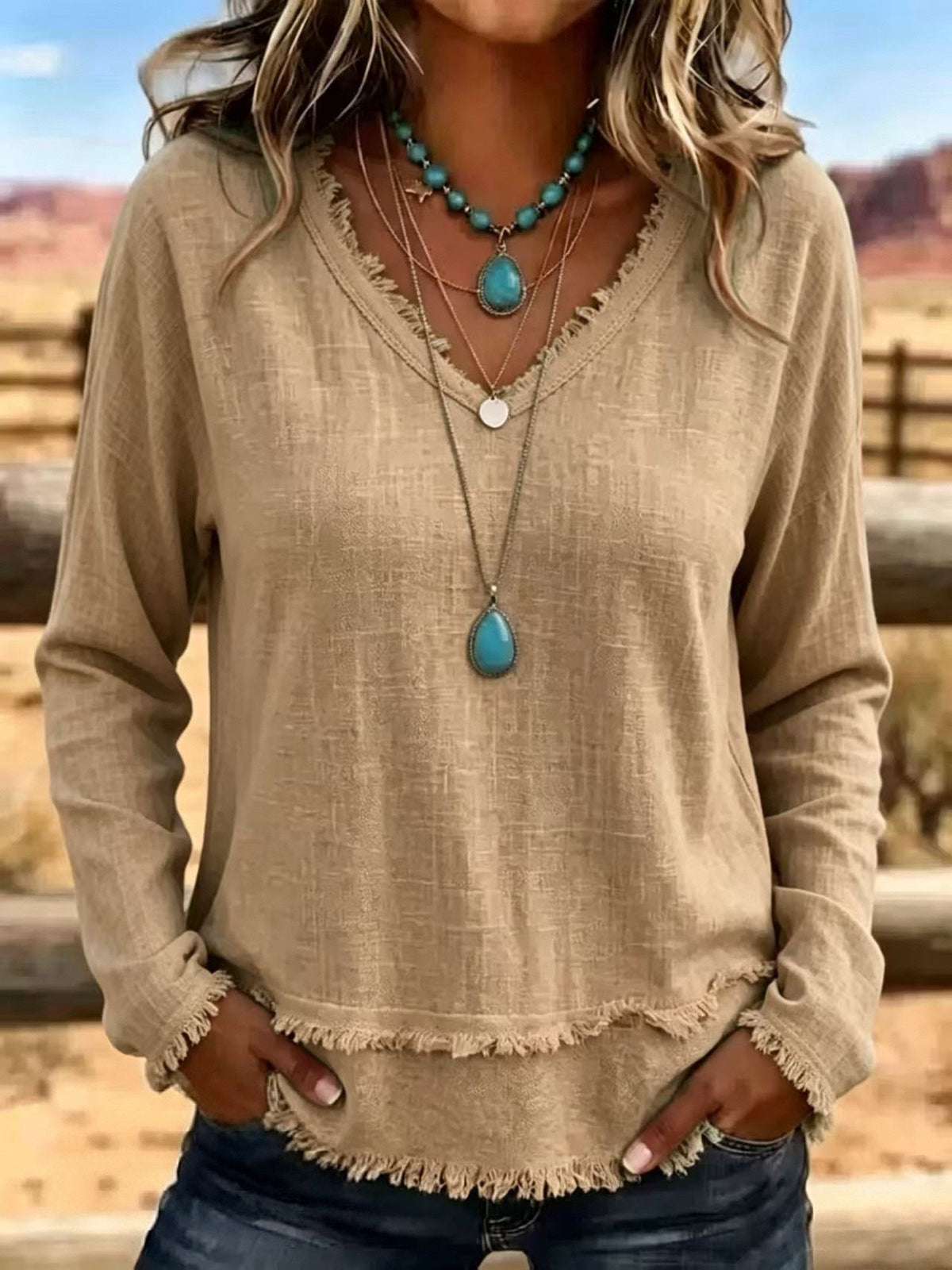 Margot Ainsley | Frayed V-Neck Long Sleeve Top