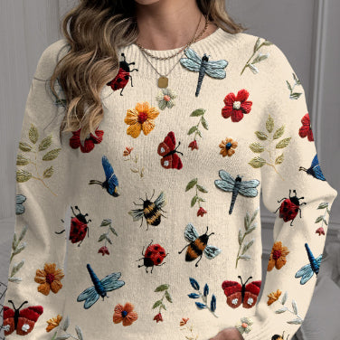 Rosalyn Fairbanks | Embroidered Floral Bug Print Knit Sweater