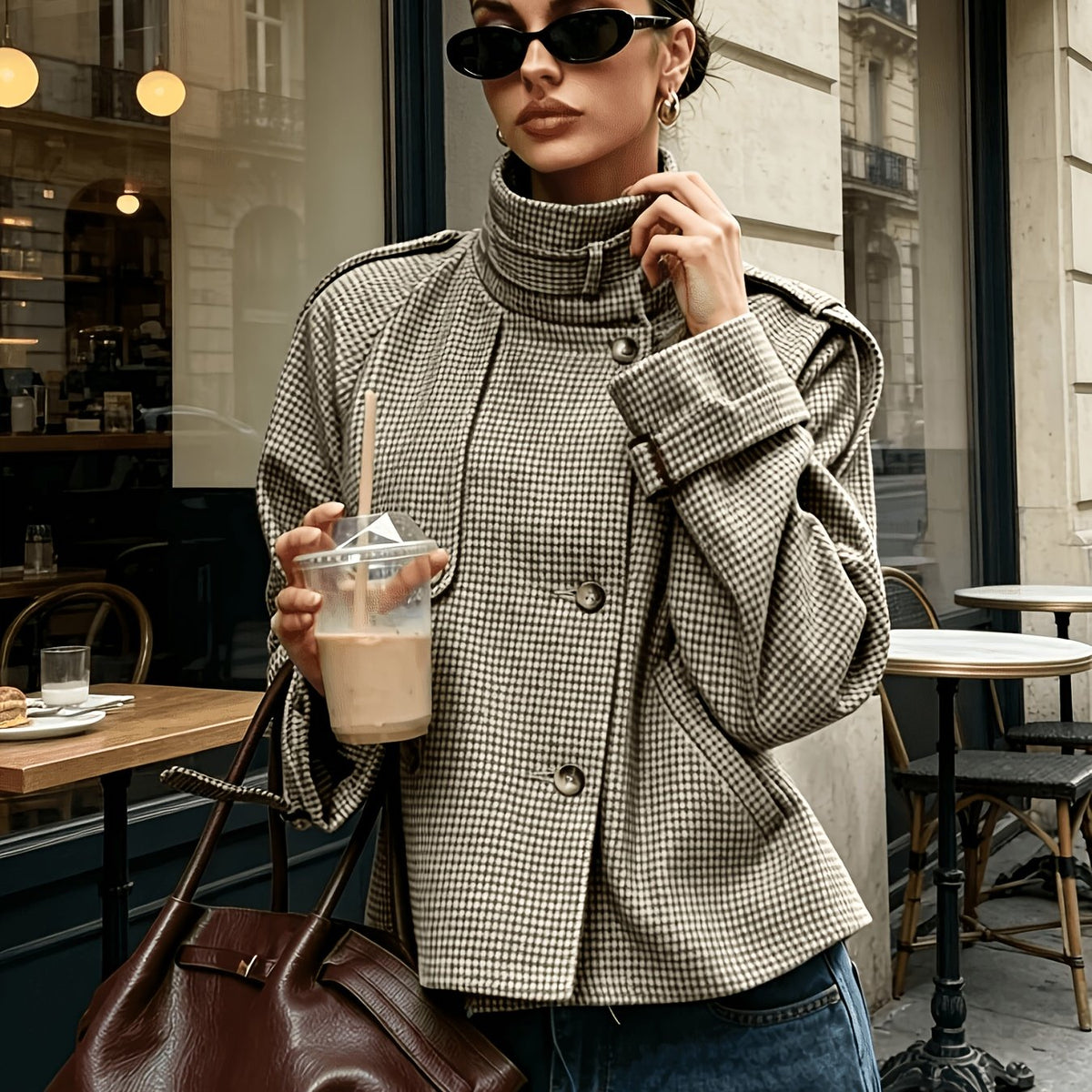 Prudence Sharland | Stand-Collar Houndstooth Cropped Jacket